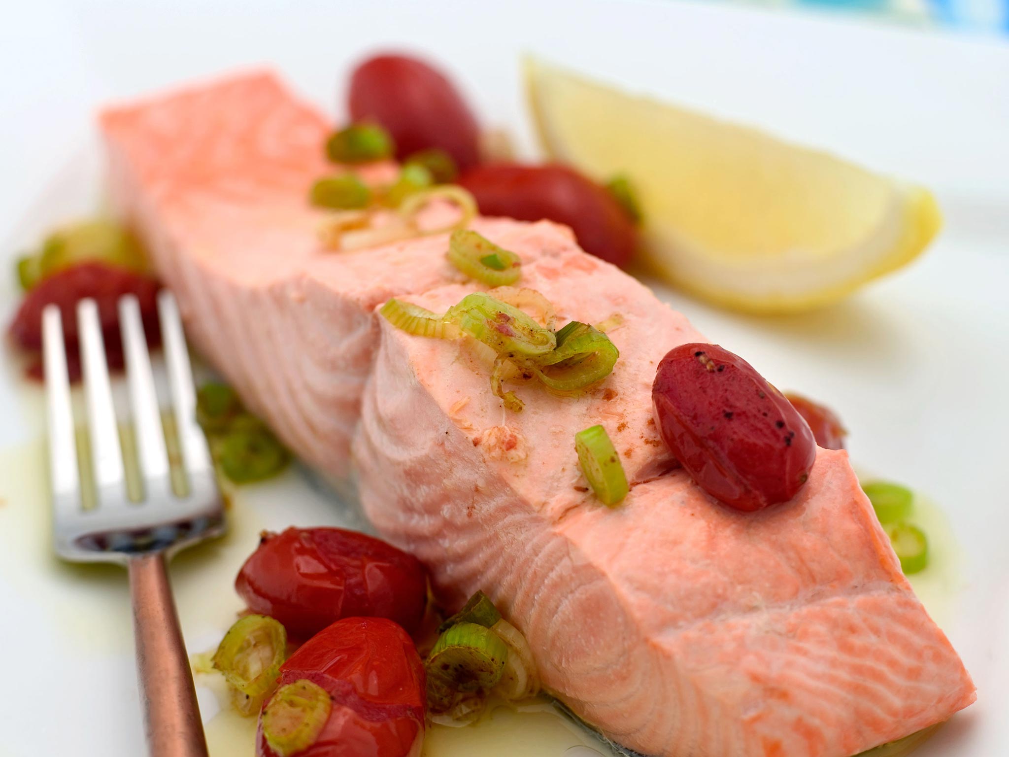 Recipe: <!-- -->Poached Wild Salmon with Skillet Tomatoes<!-- --> | Whole Foods Market