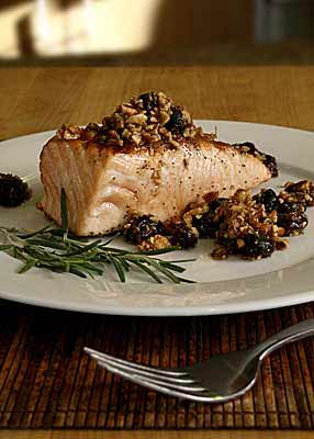 Recipe: <!-- -->Wild King Salmon with Dried Cherries and Smoked Almond Beurre Noisette<!-- --> | Who
