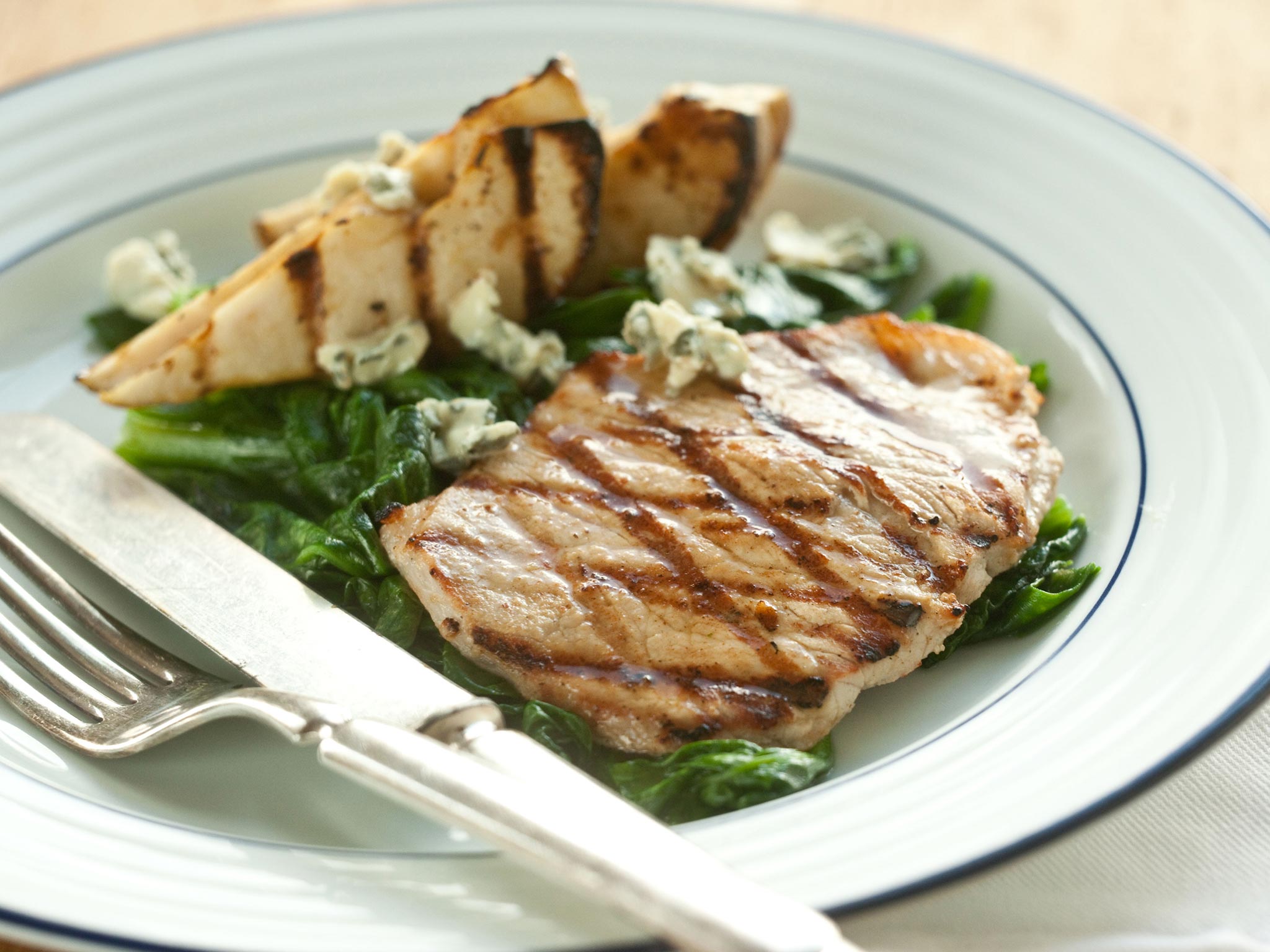 Recipe Tangy Grilled Pork Chops with Pears and Blue Cheese Whole