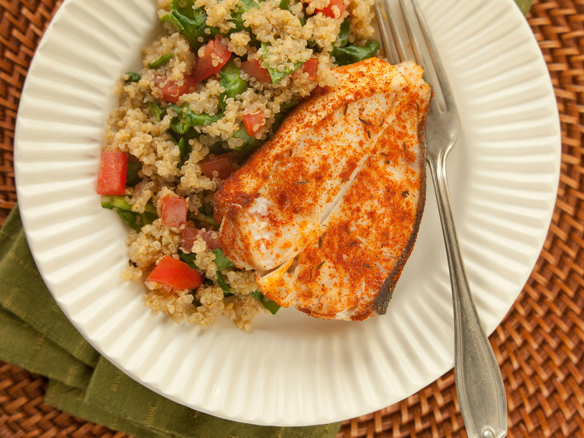 Recipe Roasted Halibut Steaks with SpinachQuinoa Pilaf Whole Foods
