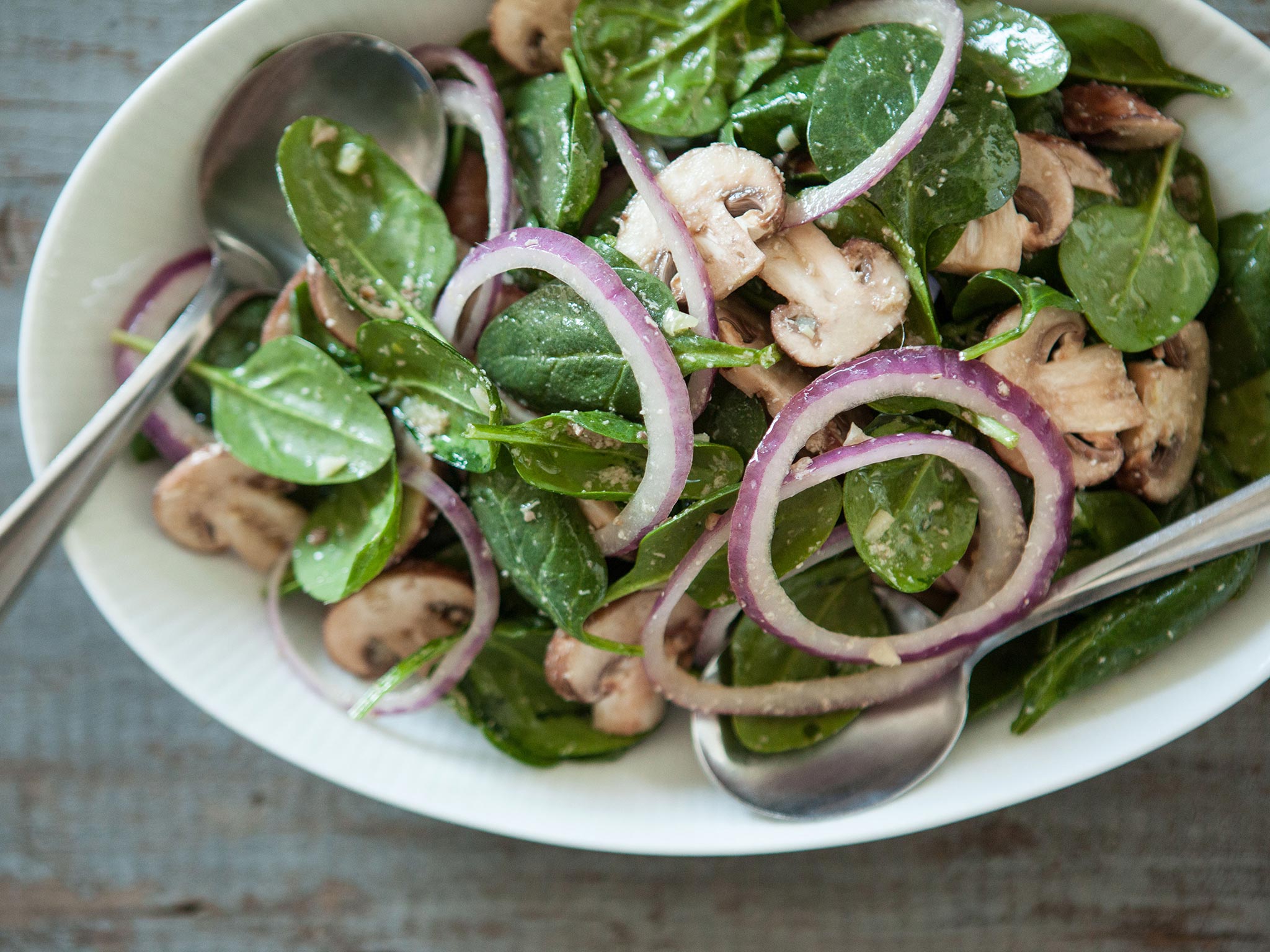 Recipe: <!-- -->Spinach Salad with Warm Parmigiano Reggiano Dressing<!-- --> | Whole Foods Market