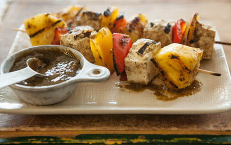 Tofu Veggie Skewers with Pineapple Mango Jerk Sauce
