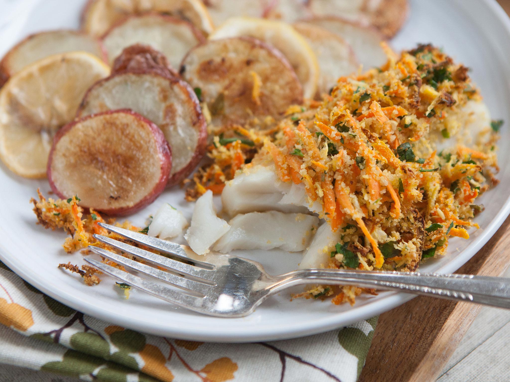 Recipe Carrot and Horseradish Roasted Cod with Red Potatoes and Lemon