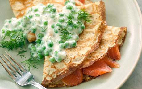 Smoked Salmon Crêpes with Creamed Peas