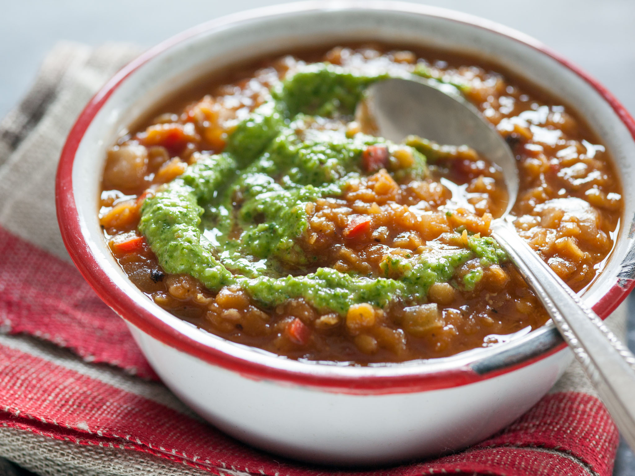 Recipe Mexican Red Lentil Soup with CilantroAlmond Pesto Whole