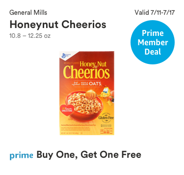 Prime Member Deal, Valid 7/11-7/17/2018, General Mills Honeynut Cherrios, 10.8 - 12.25 ounces, prime price Buy one, get one free