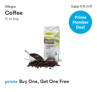 Prime Member Deal, Valid 7/11-7/17/2018, Allegro Coffee, 12 ounce bag, prime price 30% off