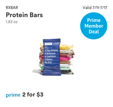 Prime Member Deal, Valid 7/11-7/17/2018, RXBAR Protein Bars, 1.83 ounce, prime price 2 for $3