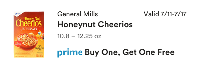Prime Member Deal, Valid 7/11-7/17/2018, General Mills Honeynut Cherrios, 10.8 - 12.25 ounces, prime price Buy one, get one free