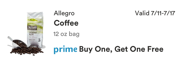 Prime Member Deal, Valid 7/11-7/17/2018, Allegro Coffee, 12 ounce bag, prime price 30% off