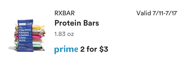 Prime Member Deal, Valid 7/11-7/17/2018, RXBAR Protein Bars, 1.83 ounce, prime price 2 for $3